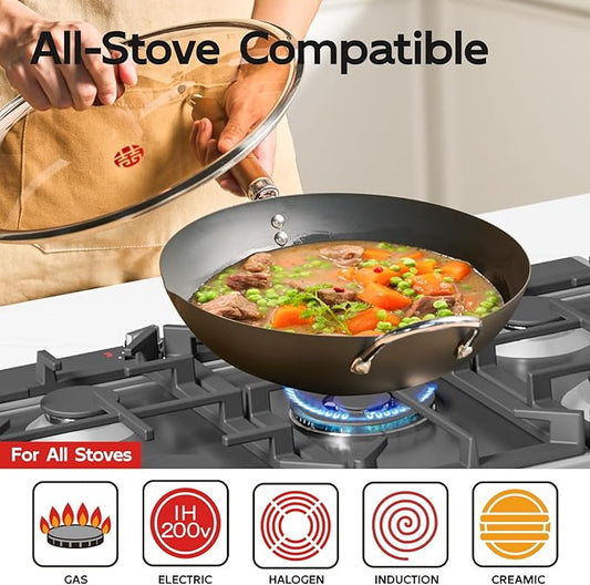 WANGYUANJI 13.4" Flat-Bottom Iron Wok with Glass Lid, Uncoated Stir-Fry Pan, Fast-Heating Refined Iron, Induction/Gas/Electric Compatible, Wooden Handle & Helper Ring (Seasoning Required)