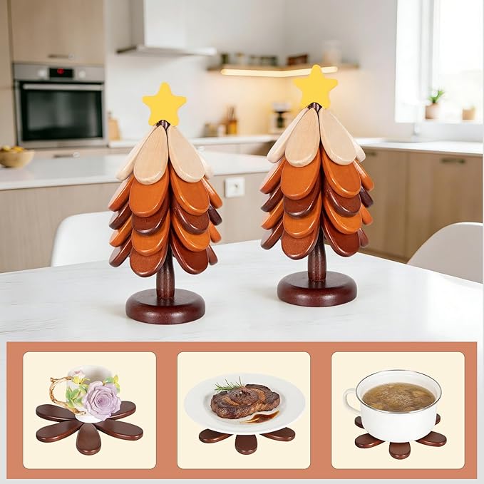 SENIG 5 PCS Tree Trivet Wooden Coasters for Hot Dishes, Wooden Tree-Shape Coaster Sets for Drink, Coffee Table, Kitchen Room Decor(Star)