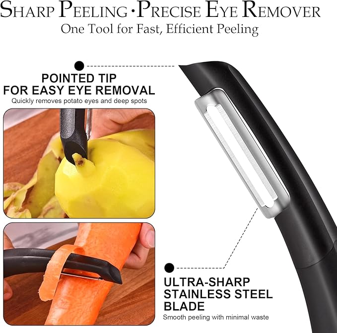 Professional Vegetable Peeler – Ultra Sharp Stainless Steel Blade – Effortless & Safe Peeling – Ideal for Potatoes, Cucumbers, Carrots – Ergonomic Non-Slip Handle, Black