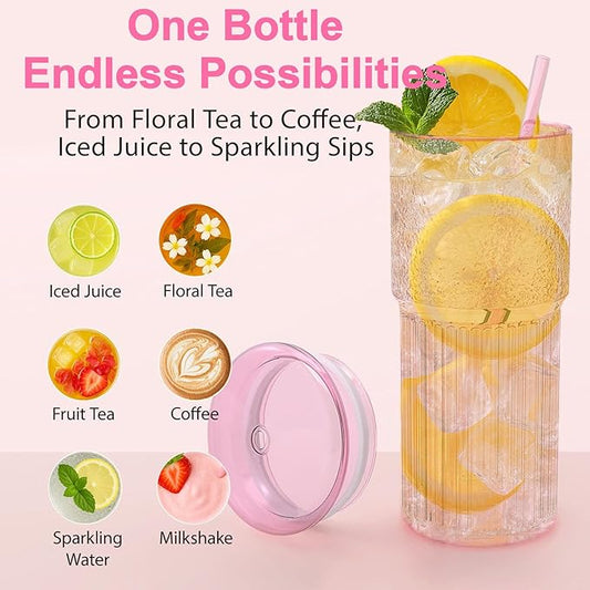 Glass Cups with Lids and Glass Straws, High Borosilicate 20OZ Pink Tumblers (2Pcs) for Coffee, Tea, Juice, Smoothies, Hot & Cold Drinks at Home/Office