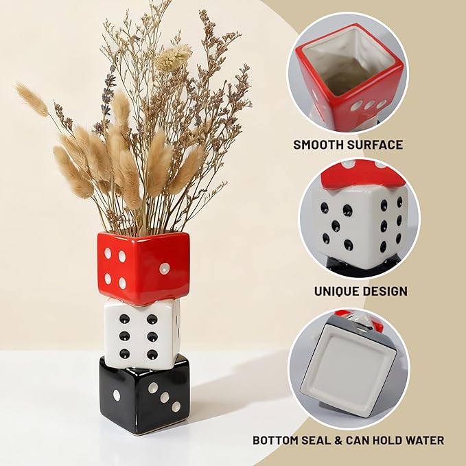 Triple Dice Vase - Unique Ceramic Small Vase with Wide Mouth | Modern Decorative Flower Vase for Living Room | Perfect for Fresh,Pampas Grass,Roses & Utensils | Ideal Gift for Art Enthusiasts