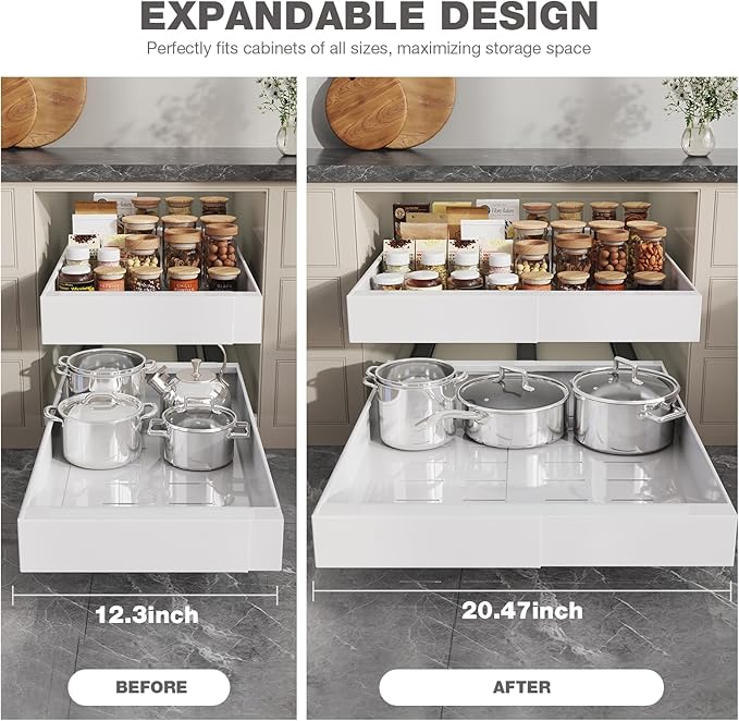 2 Pack Pull Out Cabinet Organizer 24" Deep,Full Extension 3 Slide Rails Slide Out Drawers With Raising Pad for Framed Cabinets,Expandable Width (12.3"-20.5"),No Drill Roll Out shelf,White
