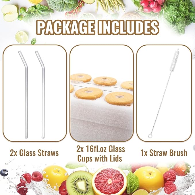Alotpower Borosilicate Glass Cups with Lids and Straws, 16 oz Reusable Tumbler Set (2-Pack) Includes Bamboo Lids, Glass Straws & Brush for Iced Coffee, Bubble Tea, Cold Beer, Juice