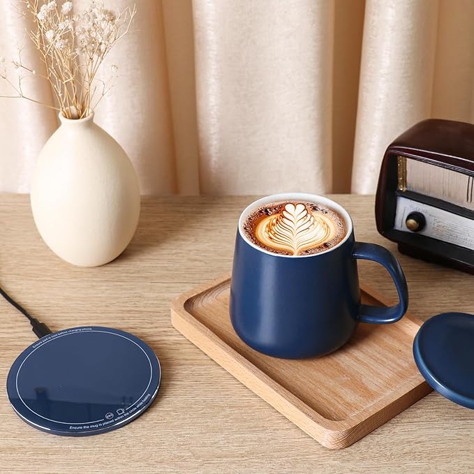 APEKX Warm Cup Coffee Mug Warmer Set - Smart Stable Constant Temperature 131°F, 15W Wireless Charging, 12.8 oz Capacity - Supports USB-C Interface, Automatic Power On/Off Function (4 H). (Deep Navy)