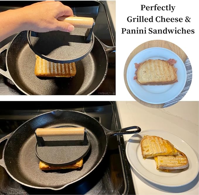 Evelots Cast Iron Burger Press - Heavy Duty Pre-Seasoned Burger Smasher for Grill - Weighted Press for Meat, Grilled Cheese, Panini - Cook Evenly & Faster - Round Wood Handle