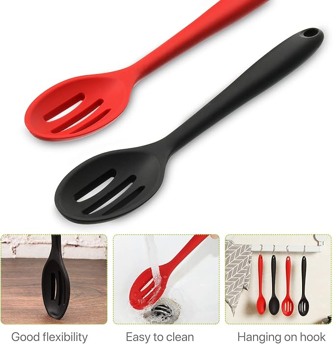 Boao 4 Pcs Silicone Spoons for Cooking 10.6 Inch Large Nonstick Serving Spoons Heat Resistant Slotted Spoon for Mixing & Stirring Kitchen Cooking Utensils, Dishwasher Safe(Red, Black)