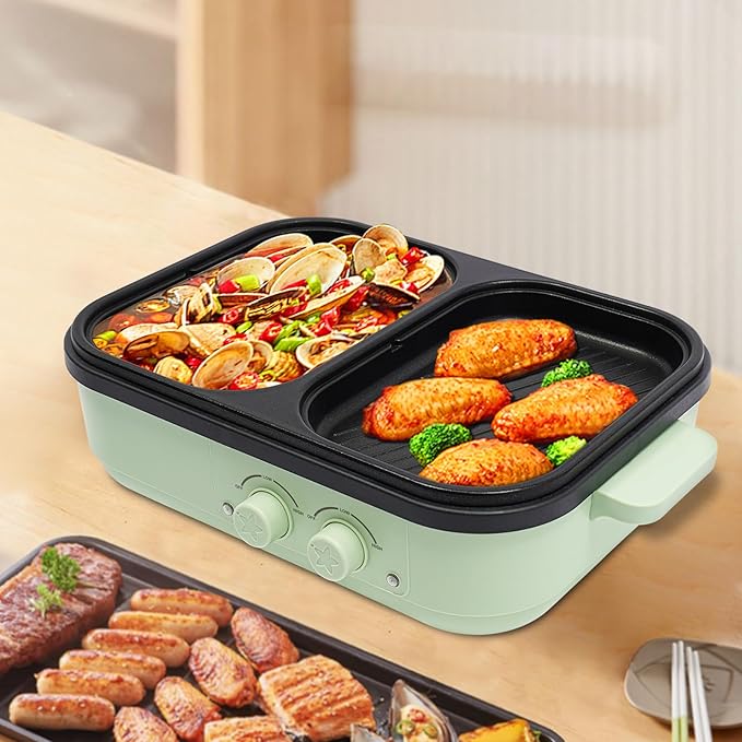 Electric Hot Pot with Grill, 2-in-1 1300W Non-Stick Pot - Dual Temperature Control, Lightweight & Compact, Fast Heating for Korean BBQ, Frying, Grilling Steak (Green)