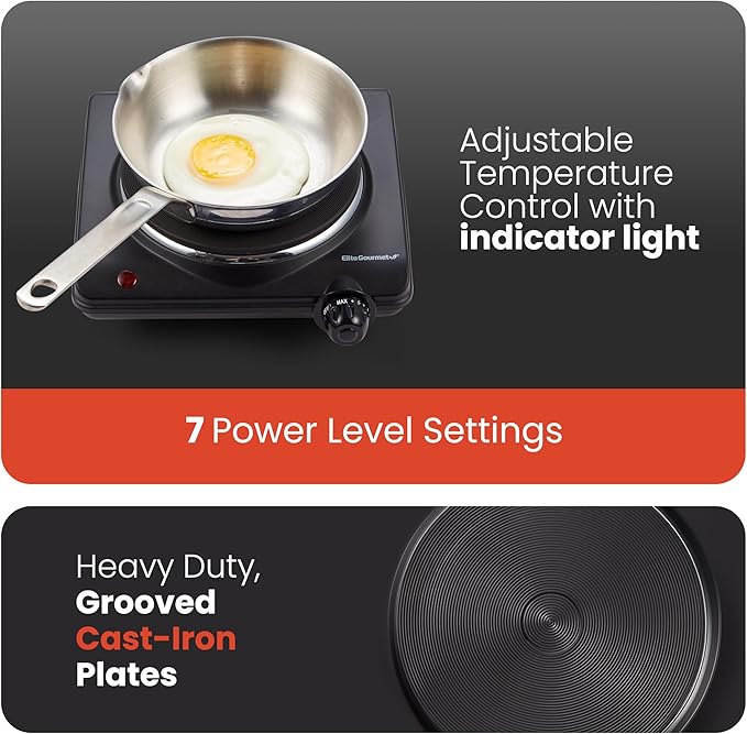 Elite Gourmet Countertop Electric Burner, 1000W Cast Iron Hot Plate, 7 Heat Settings, Portable Cooktop for RV, Dorm, Office & Small Kitchens, Road-Ready & Compact
