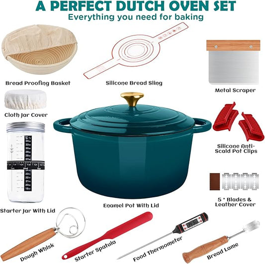 Enameled Cast Iron Dutch Oven Pot with Lid, Incl. Sourdough Bread Baking Supplies Like Banneton Bread Proofing Basket, Starter Jar, Scoring Tool Lame, 5QT Dutch Oven for Bread Baking, Oven Safe up to 500°F