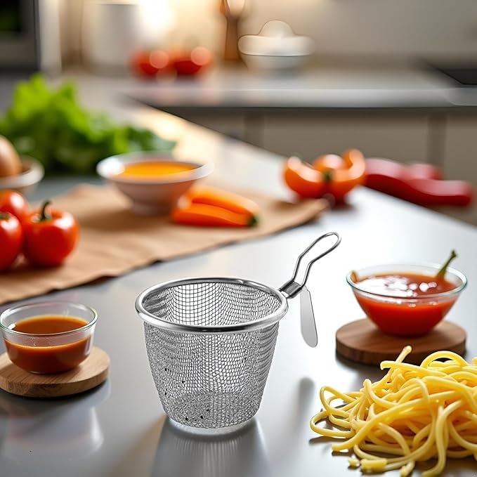 Stainless Steel Pasta Basket, Mesh Spider Food Dumpling Noodle Strainer, Fine Mesh Strainer with Handle