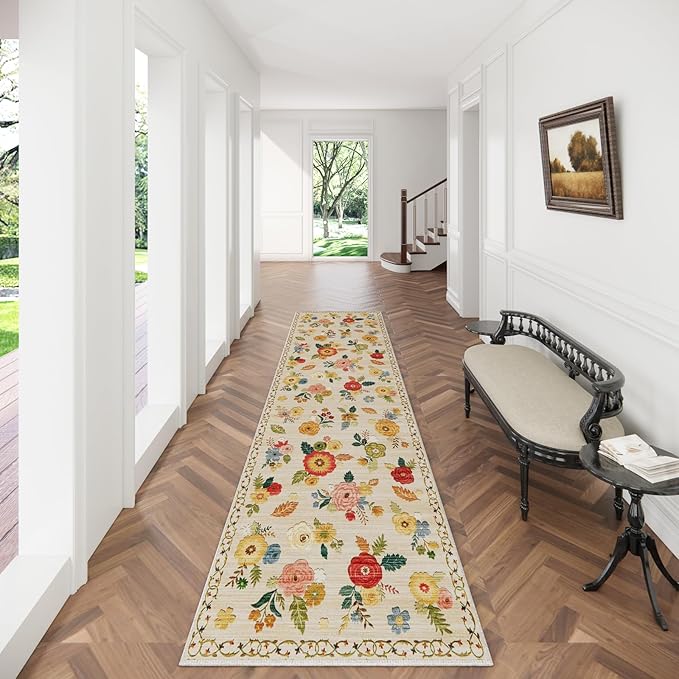 Machine Washable Rug Runners for Hallways: 2X 10 Kitchen Rugs Stain Resistant Non Slip Long Rug with Rubber Backing Soft Floral Carpet Runners for Entryway Kitchen Bedroom Laundry Farmhouse