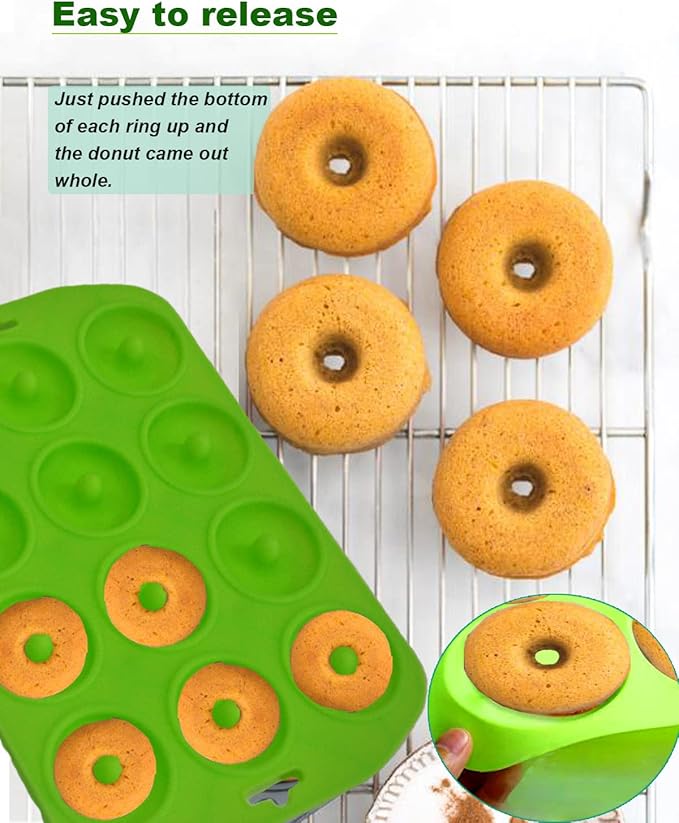 Sinoskye Mini Donut Pan for Baking, 2 Pack Donut Mold Silicone Doughnut Pan for Making Donut, Bagels, Cake, BPA Free, Green