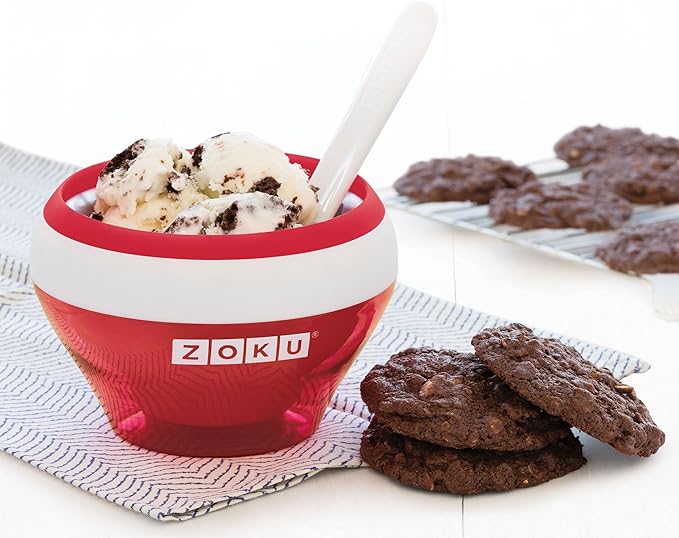 ZOKU Ice Cream Maker, Compact Make and Serve Bowl with Stainless Steel Freezer Core Creates Soft Serve, Frozen Yogurt, Ice Cream and More in Minutes, BPA-free, Red