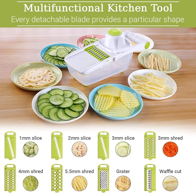 ADOV All in 1 Mandoline Slicer for Kitchen, Multi Function Fruit and Vegetable Slicer Vegetable Cutter, Interchangeable Stainless Steel with Food Container, Hand Protector, Julienne Slicers for Salad