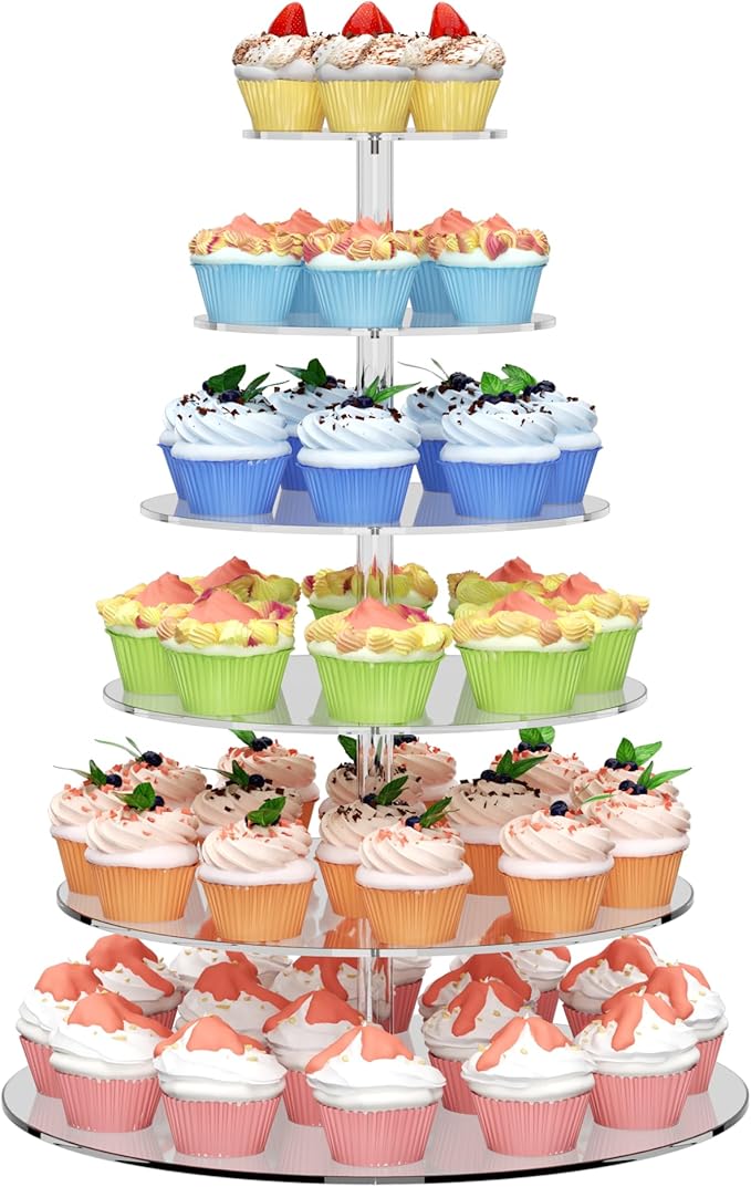 6 Tier Large Acrylic Round Cupcake Stand, Clear Wedding Cupcake Tower Stand, Cupcake Tier Stands for Dessert Table, Tiered Cupcake Holder Stand, Cupcake Display Stand for Birthday Party
