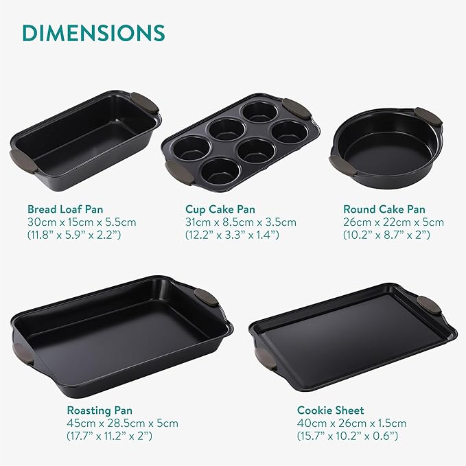 Navaris Nonstick Bakeware Set, 5-Piece Including Cookie Sheet, Muffin Pan, Loaf Pan, Cake Pan, Roasting Pan with Silicone Handles, Dishwasher Safe - Carbon Steel - Black