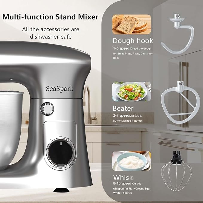 SeaSpark Stand Mixer, 3 in 1 Stand Mixer, 5.5Qt Electric Mixer, Mixer with Stainless Dough Hook, Wire Whip & Beater, Food Mixer for Baking, Cake and Most Home Cooks, Silver