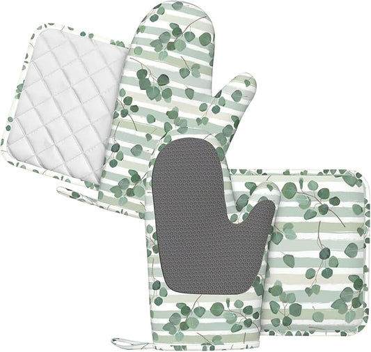 Eucalyptus Branches Silicone Oven Mitts and Pot Holders Sets Green Tropical Leaves Watercolor Kitchen Mitts Potholder Kitchen Accessories for Cooking Baking BBQ