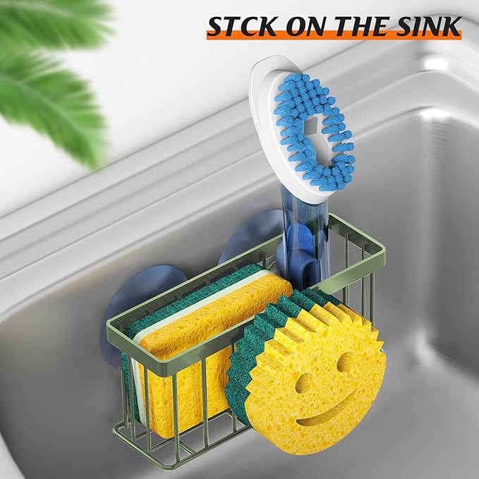 Sponge Holder Smiley Face, Sink Organizer with 2 Suction Cups/1 Adhesive Strips,Designed for Sponge,Soap,Dish Brush,Scrubber - Green