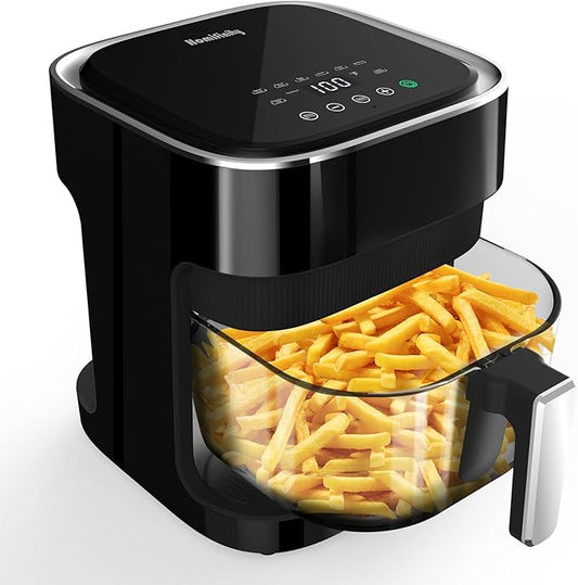 Glass Air Fryer with 8-in-1 Preset Cook Modes, 4.5 QT Transparent Viewing Pot, Non-Toxic, Dishwasher Safe, 97% Less Oil, Precise Temperature Control & Timer, Stainless Tray & Silicon Coaster Included