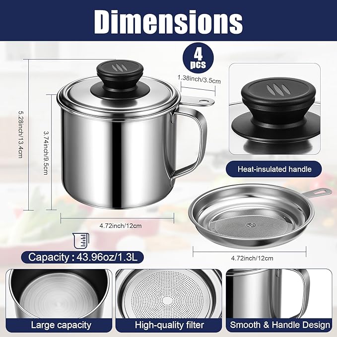 LemonRoad 4 Pcs 1.3l Bacon Grease Container Saver with Strainer Grease Container for Kitchen Durable Stainless Steel Cooking Oil Fat Storage Filter Keeper Tank Pot Can Strainer for Used Frying Oil