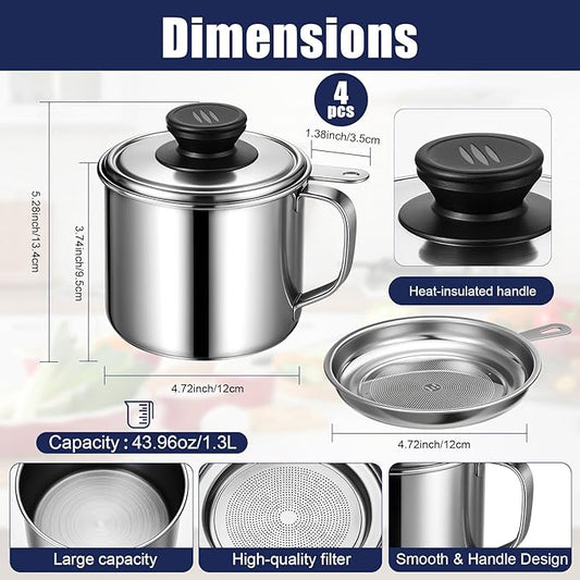 LemonRoad 4 Pcs 1.3l Bacon Grease Container Saver with Strainer Grease Container for Kitchen Durable Stainless Steel Cooking Oil Fat Storage Filter Keeper Tank Pot Can Strainer for Used Frying Oil