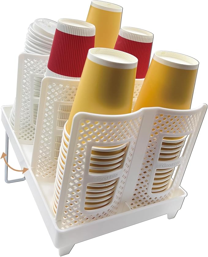 Coffee Cup Organizer Holder, Adjustable Cup and Lid Storage Rack,6 Slots Disposable Paper Cup Dispenser fits 8-22oz,Plastic Cup Stand for Coffee Station Bar Countertop Home Kitchen,White