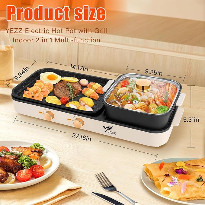 2025 Electric Hot Pot with Grill,2-10 People Indoor Hot Pot 2 in 1 Multi-function Smokeless Shabu-Shabu Hotpot Korean BBQ Grill for Simmer,Separate Dual Temperature Contral