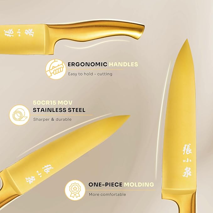 ZHANG XIAO QUAN Gold Knife Set with White Block, High Carbon Stainless Steel Knife Set, Razor-Sharp and Durable, Hundreds of Years of Masterful(15Pcs)