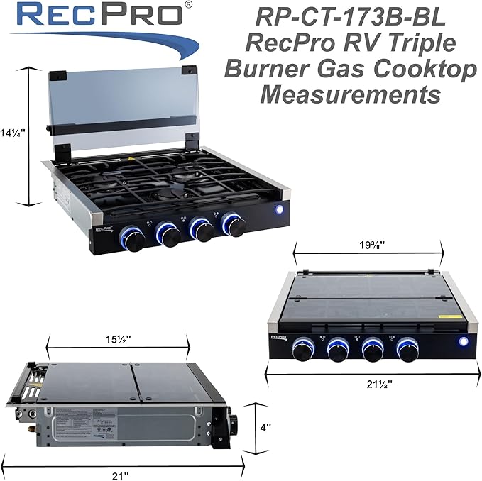RecPro RV Built In Gas Cooktop | 2 Burner or 3 Burner | RV Cooktop Stove | 6,500 and 8,000 BTU Burners | Cover Included (Black, 3-Burner)