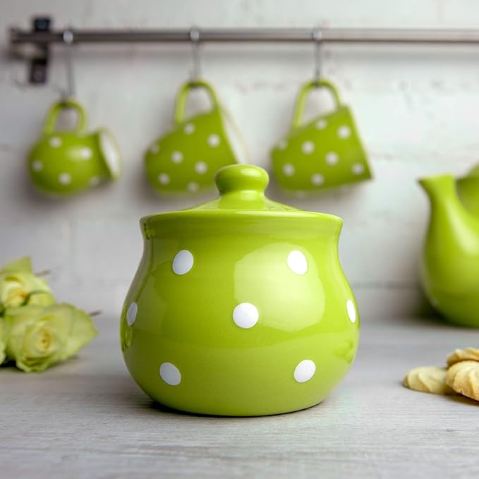 City to Cottage Ceramic Sugar Bowl with Lid, 10oz Sugar Contanier for Coffee Bar, Sugar Dispenser Bowl, Salt - Condiment Pot for Kitchen Counter, Handcrafted Green Polka Dot Sugar Jar