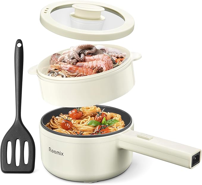 Hot Pot Electric With Steamer, 1.6L Ramen Cooker Non-Stick Sauté Pan for Steak, Egg, Fried Rice, Ramen, Oatmeal, Soup, Portable Personal Perfect Suit Dorm Room and Apartment (White)