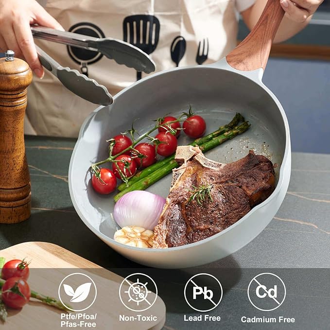 SC Cooker Nonstick Ceramic Frying Pan With Lid, 10 Inches Deep Frying Pan Non Stick Skillet With Pour Spout, Non Toxic Cookware for Stove, Induction, Gas, PB/CD/PFOA Free (White,10 Inches)