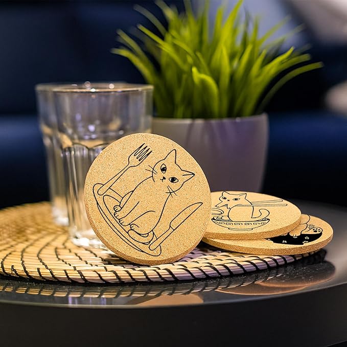 Coasters for Drinks with Holder Set of 6, Cat Cork Coaster Absorbent for Office Desk Cup Table Coasters Kitchen Decor House Warming Gifts for New Home, Round 4"
