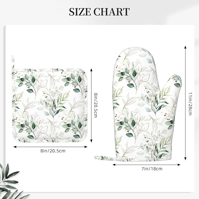 Watercolor Floral Pattern Silicone Oven Mitts and Pot Holders Sets Green and Gold Leaves with Branches Kitchen Mitts Potholder Kitchen Accessories for Cooking Baking BBQ