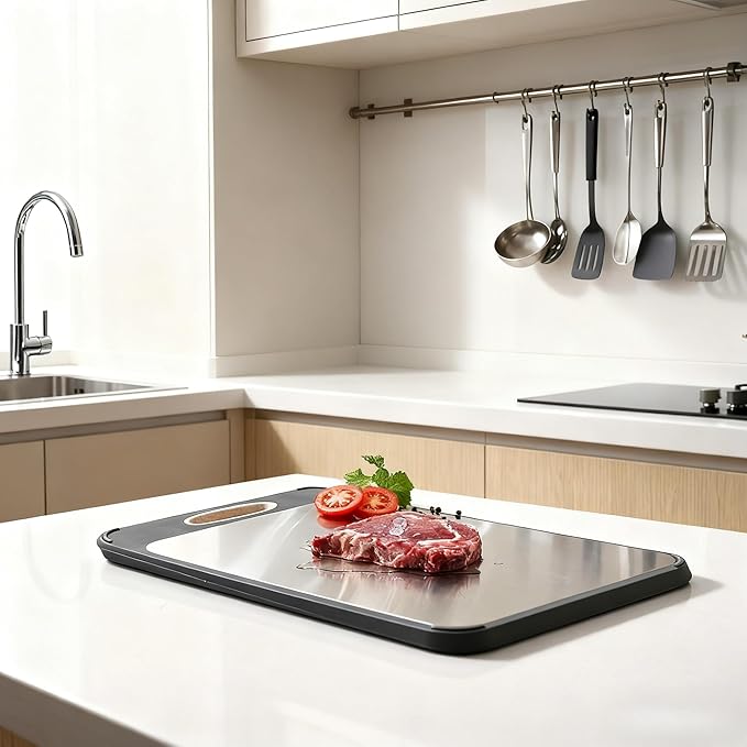 Stainless Steel Cutting Board for Kitchen,Double Sided Metal Chopping Board, Large Size Non Toxic Chopping Board with Juice Groove,Dishwasher Safe(17.7"L x 12.2"W)