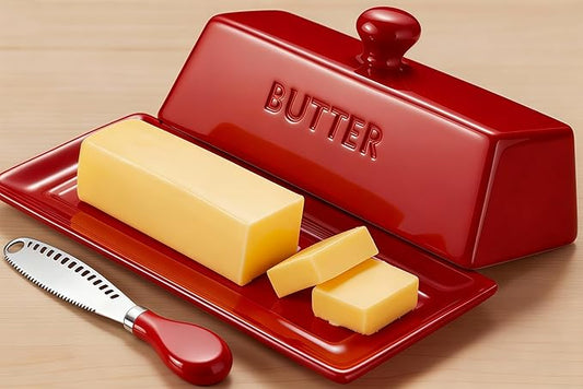 WERTIOO Butter Dish with Lid, Ceramic Butter Dish with Lid for Countertop for 1 Stick. Textured Tray for Non Slip Storage with Stainless Steel 3 in 1 Butter Spreader, Red