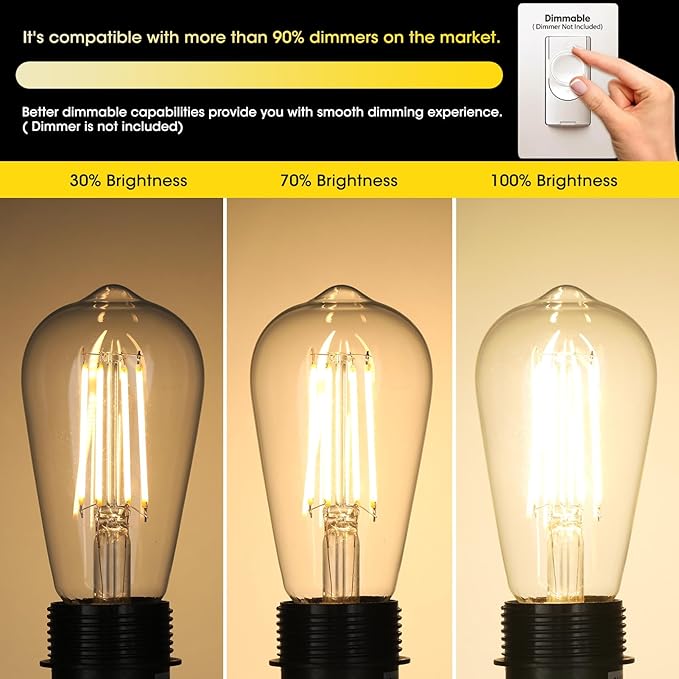 Vintage LED Edison Bulbs, 6W, Equivalent 60W, Dimmable, Warm White 2700K, ST58 Antique LED Filament Bulbs with 90+ CRI, E26 Medium Base, Clear Glass, 8 Count (Pack of 1)