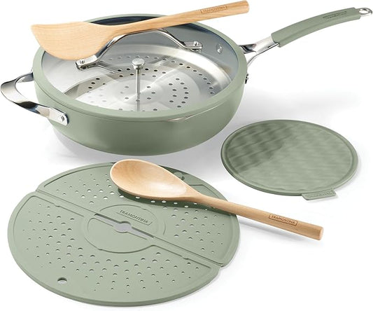 Tramontina Vue All-in-One Plus Pan Set, 5-Quart Ceramic Non Stick Cooking Pan with Glass Lid, Steamer Insert, Beechwood Utensils, Splatter Screen, Pot Holder, Green