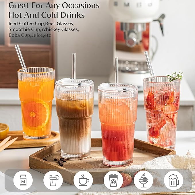 INSETLAN 20 oz Ribbed Glass Tumblers with Lids and Glass Straws – 6-Piece Glassware Set, Thickened Wall, Ideal for Iced Coffee, Smoothies, Cocktails, and Juices – Elegant and Durable Drinkware
