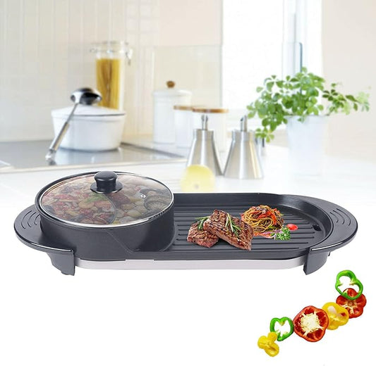 PanDair 2 In 1 Portable Electric Hot Pot Barbecue Grill Non-Stick Teppanyaki Pan Soup w/5-speed Automatic Regulator 110V Korean BBQ Grill