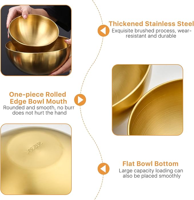 Akamino 2 Pack Stainless Steel Mixing Bowls, 5.9 & 7.9 Inch Gold Metal Salad Bowls, Soup Bowl, Noodle Bowl, Snack Bowl, Serving Bowls for Mixing, Cooking, Baking, Prepping - 700ML& 1200ML