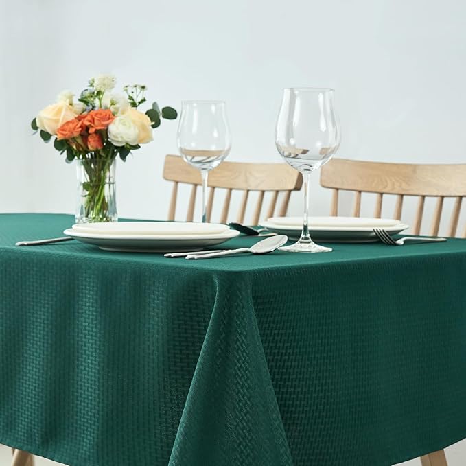 maxmill Rectangle Tablecloth Weaved Design Water Resistant Wrinkle Free Spill-Proof Soft Table Cloth for Dining Room Decoration, Banquet, Christmas Holiday Dinner, 52 x 84 Inch, Hunter Green