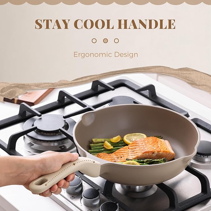 PRICUSIS Nonstick Deep Frying Pan with Glass Lid, 10 Inch (3.2 qt), 5X Durable Nonstick Sauté Pan, Scratch & Stain Resistant, PFOA Free, Induction Compatible, Dishwasher & Oven Safe, Natural Linen