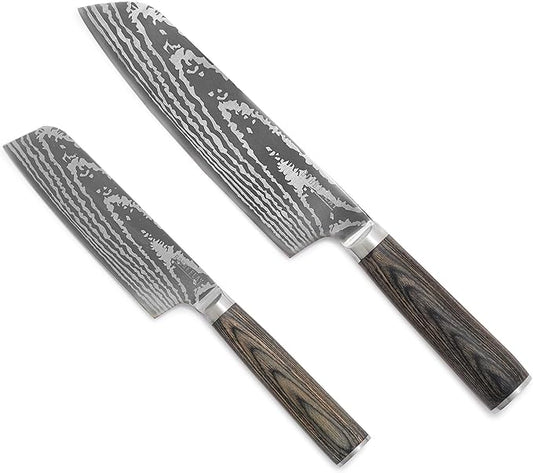 GreenPan x Bobby Flay 5” & 7” Santoku Knife Set, Premium Stainless Steel Blades, Precision Cutting Kitchen Tools, Ultra-Sharp Cutlery, Hand Finished Ergonomic Wood Handle, Damascus Steel Design