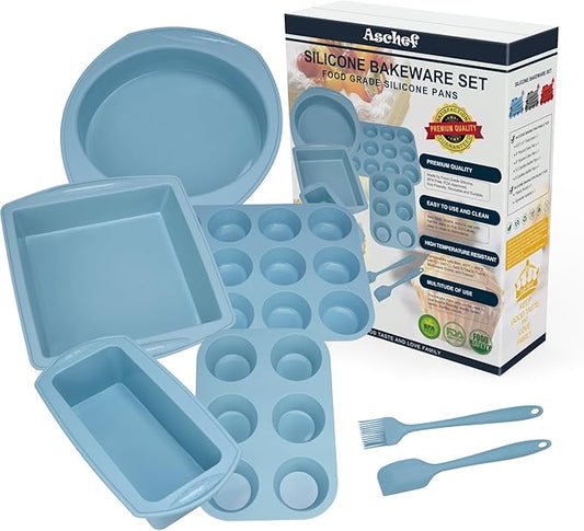 Economical 7in1 Nonstick Silicone Baking Cake Pan Cookie Sheet Molds Tray, Heat Resistant Bakeware Tools for Muffin Loaf Bread Pizza Cupcake