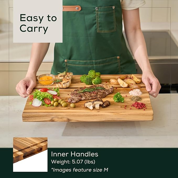 EZ FURNITURE Small (S) Teak Wood Premium Cutting & Serving Board, Knife Friendly, Pre-Oiled End Grain with Juice Groove & Handles, Non-Toxic (14"Lx10"Wx1"Th, 3.75lbs)