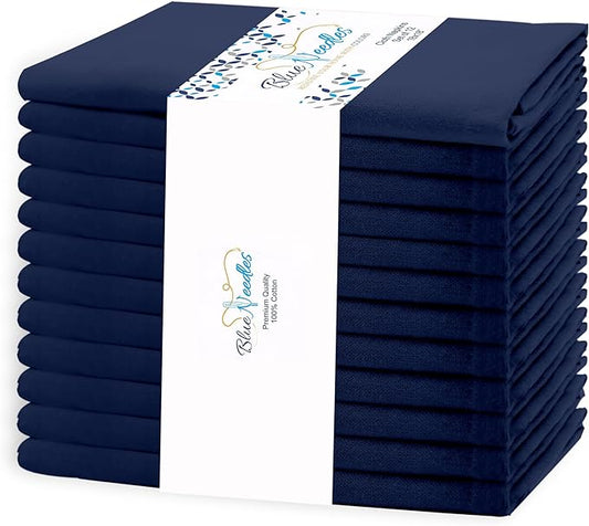Blue Needles Solid Cloth Napkins Set of 12 Navy Blue 100% Cotton Dinner Napkins 18x18 inches - Soft, Reusable, Absorbent & Washable Linen, Ideal for Wedding Events, Parties & Everyday Use