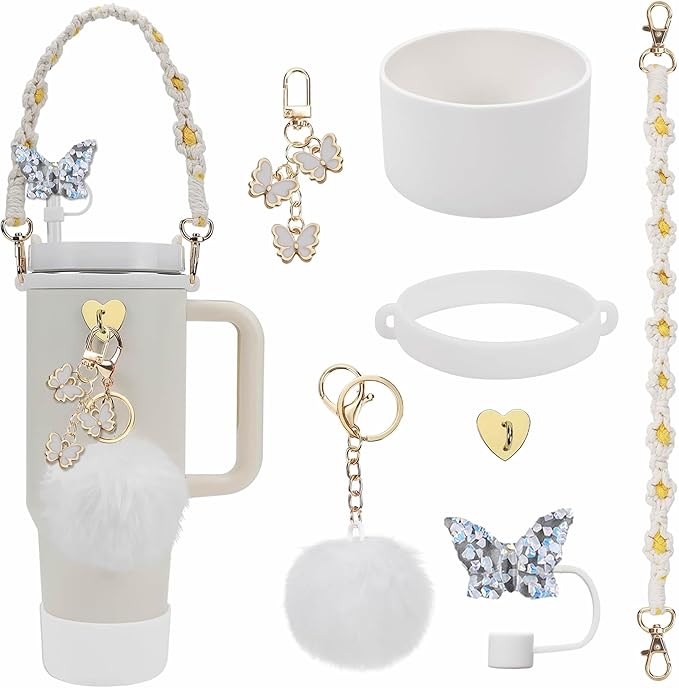 Accessories Set Including Water Bottle Handle Strap, Silicone Boot, Resin Butterfly Straw Cover, Straw Topper, Lip Balm Sleeve, Butterfly & Hairball Charms for Stanley Cup Tumbler