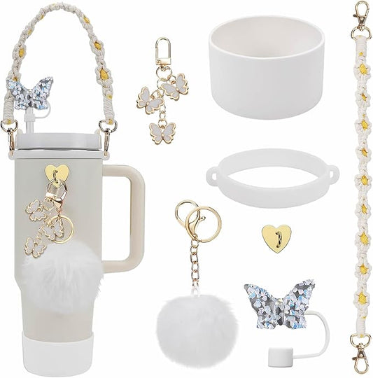 Accessories Set Including Water Bottle Handle Strap, Silicone Boot, Resin Butterfly Straw Cover, Straw Topper, Lip Balm Sleeve, Butterfly & Hairball Charms for Stanley Cup Tumbler